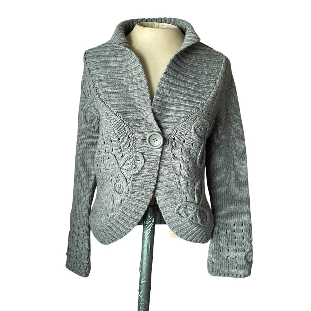 Carole Little Gray Wool Blend Knot Details Cardigan Sweater Size Medium P